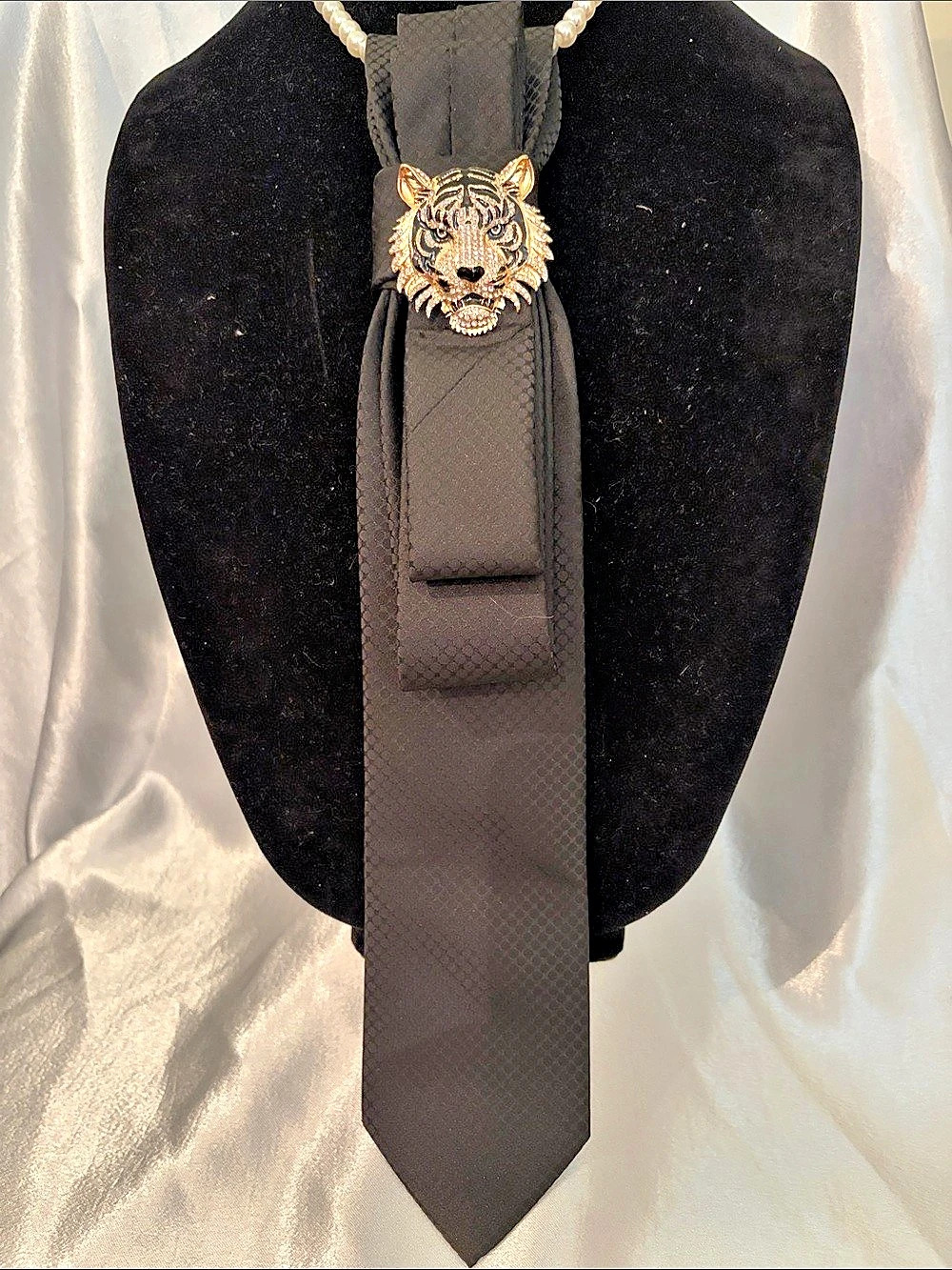 Bill Blass Tiger Brooch Black Tie Necklace